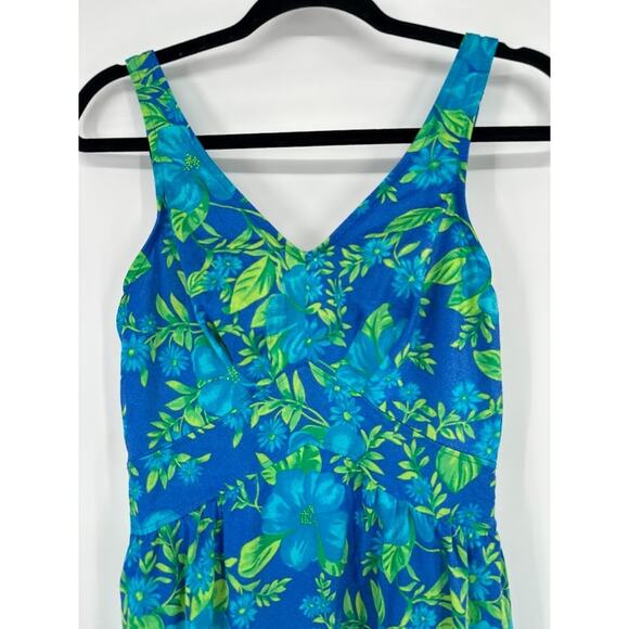 Vintage MAXINE Of HOLLYWOOD Swimsuit Womens 12 One Piece Swimdress Floral Blue - Picture 2 of 8
